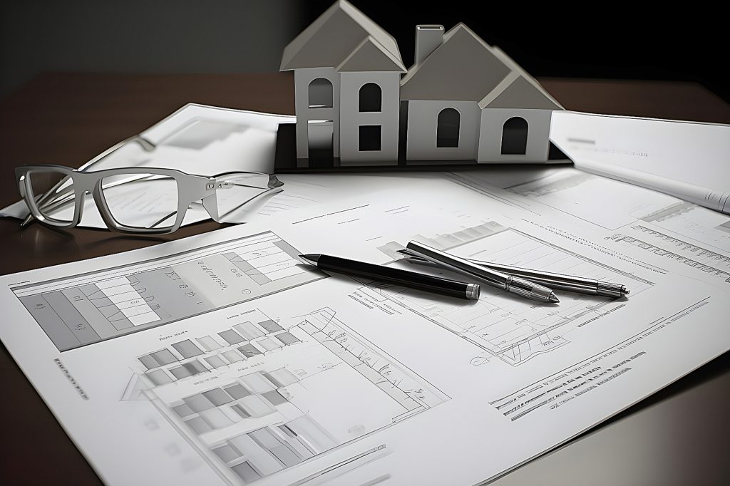 real estate, property and home owner signing contract concept, small wooden house model on the plan. generation ai