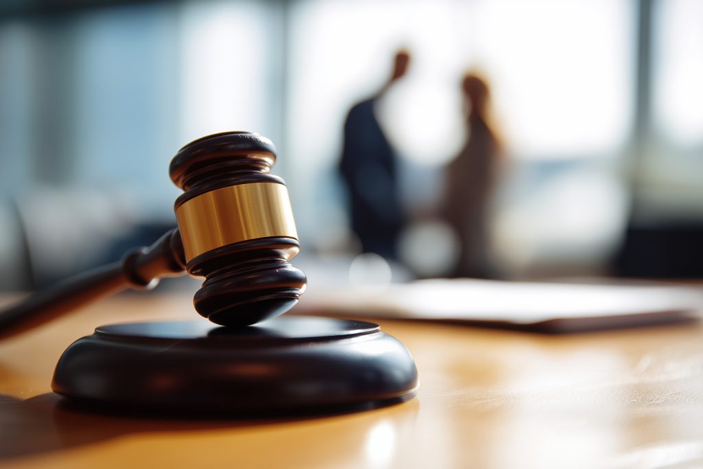 judge's wooden gavel on a desk in a courtroom or office