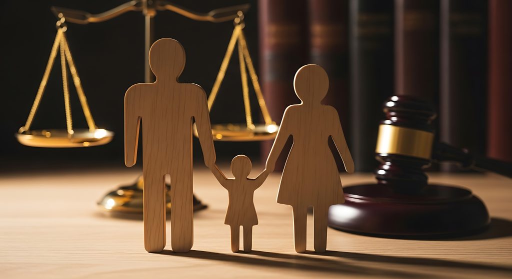 wooden family figures with scales of justice and gavel on table